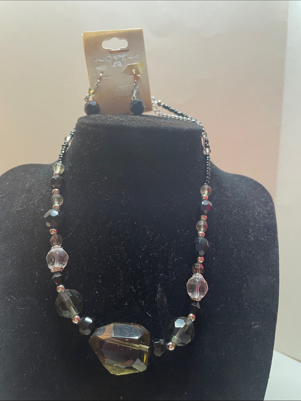 Beaded Black and Smoky Crystal Statement Necklace with Earrings